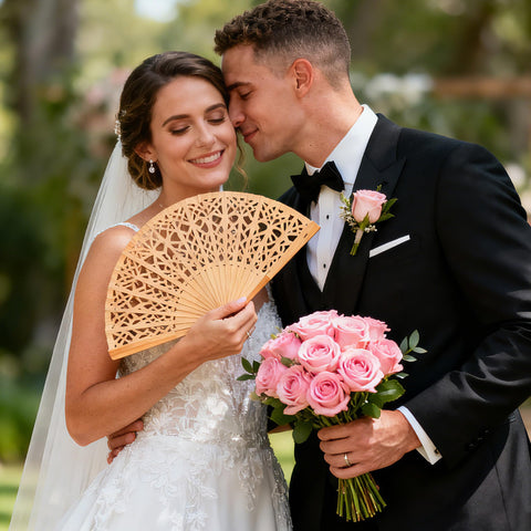 Elegant wedding decor with MCEAST fans enhancing ambience at receptions and garden parties.