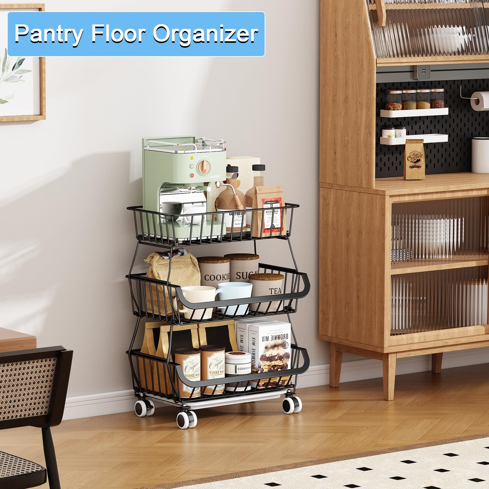 Mchoter open-wire mesh pantry cart with slide-out tray