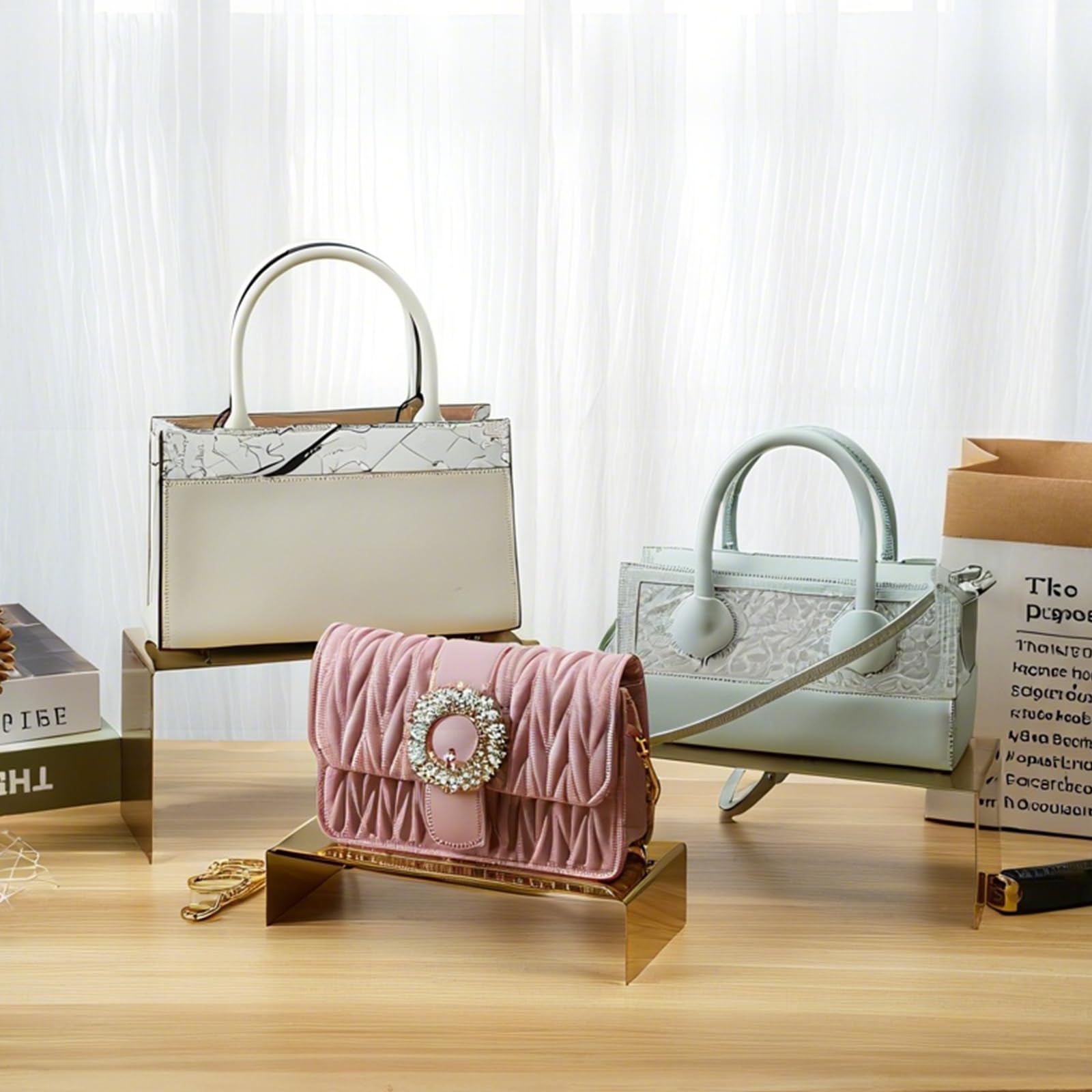 MCKECHSION Purse Display Stand 8x3.9x1.9in saves countertop space while keeping items accessible.
