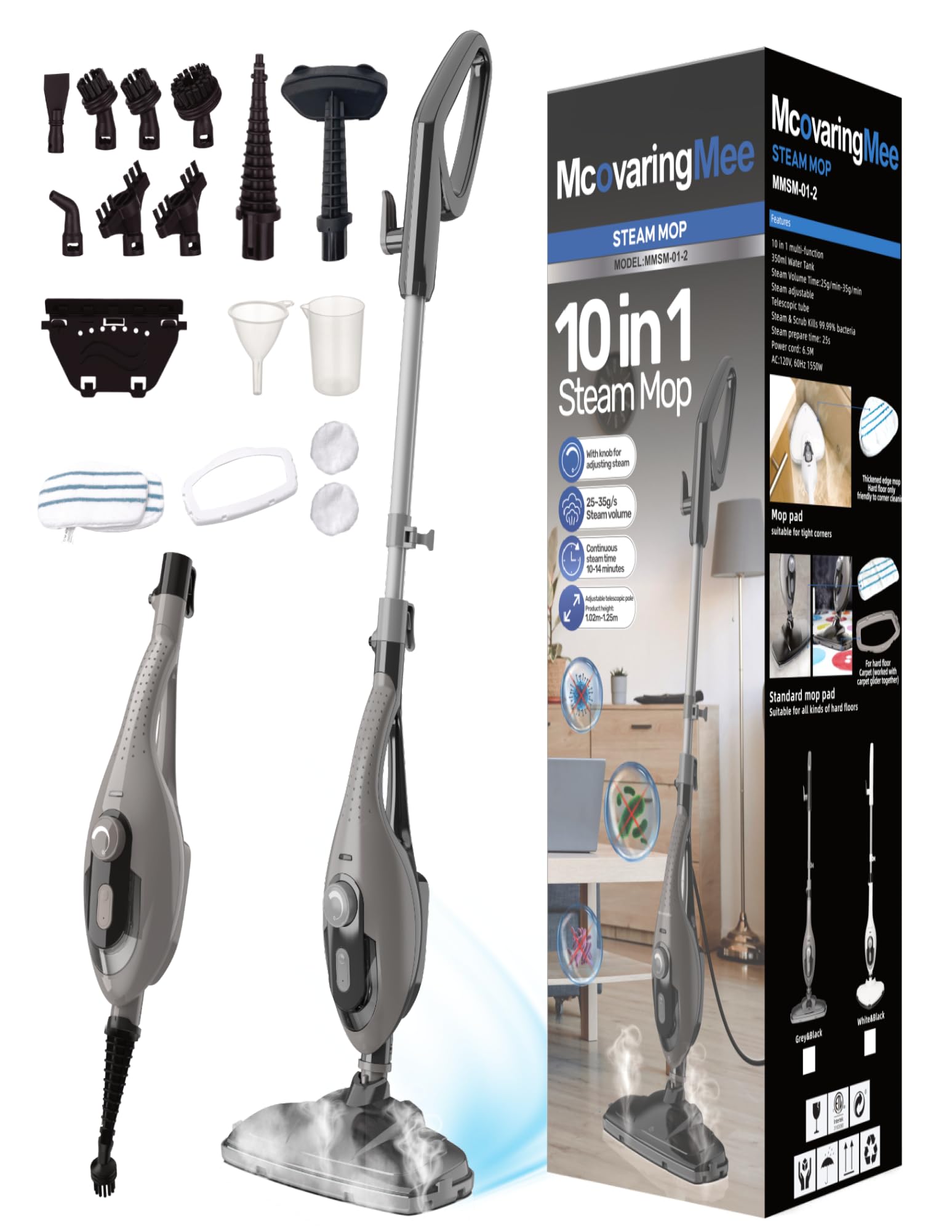 McovaringMee steam mop front view showing powerful cleaning for tough stains on floors.