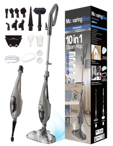 McovaringMee steam mop front view showing powerful cleaning for tough stains on floors.