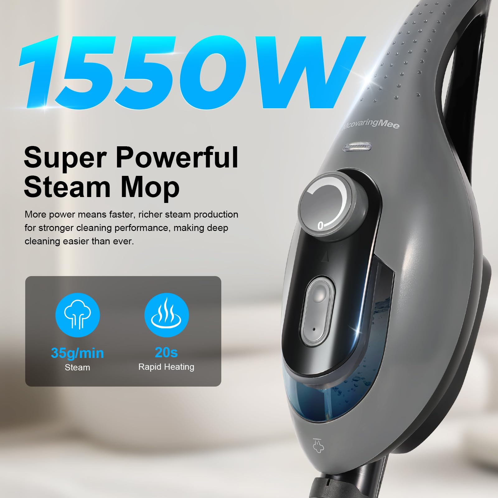 McovaringMee steam mop side view highlighting ergonomic design for comfortable cleaning sessions.