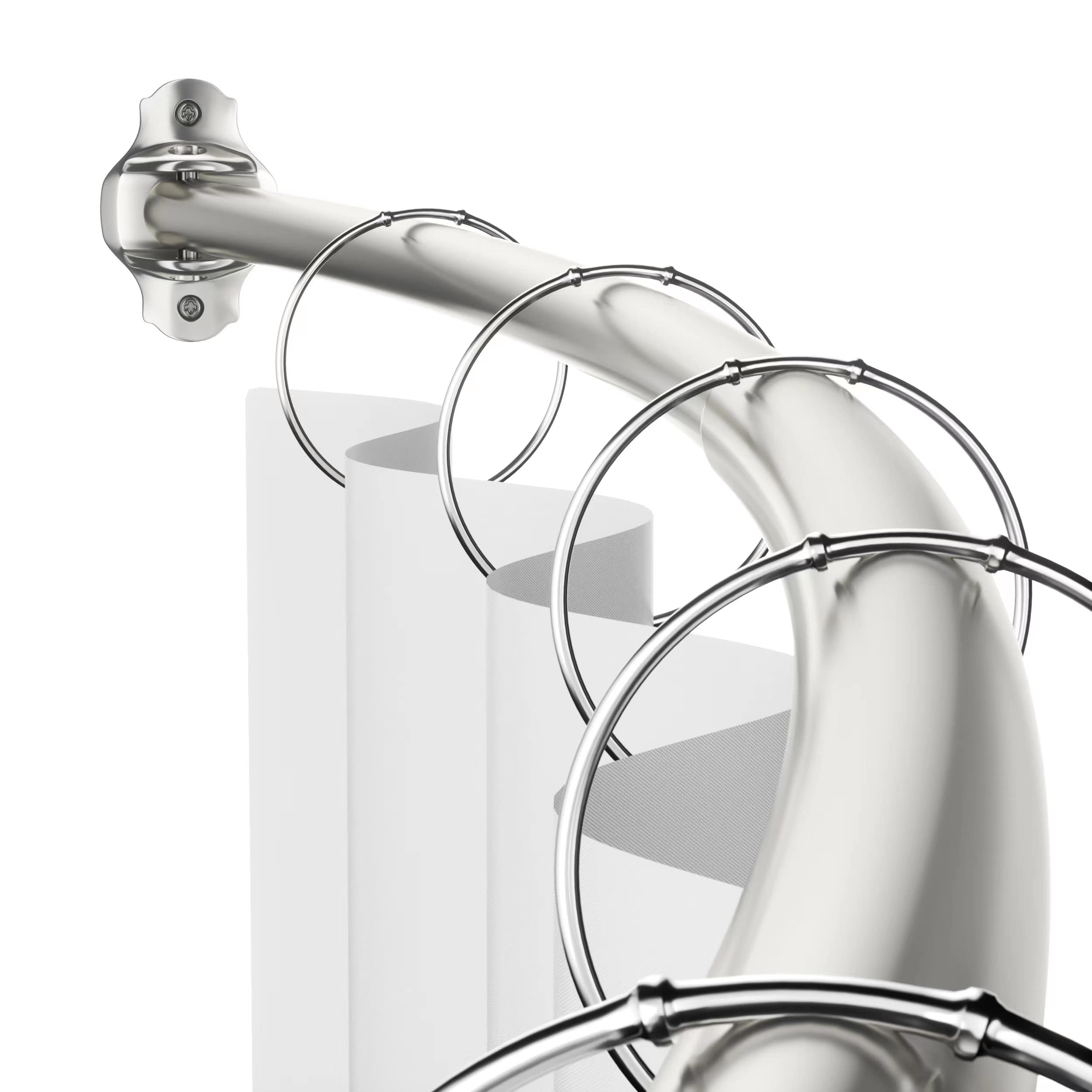 Mcrbeay curved shower rod shows elbow-space expansion for a roomier shower.