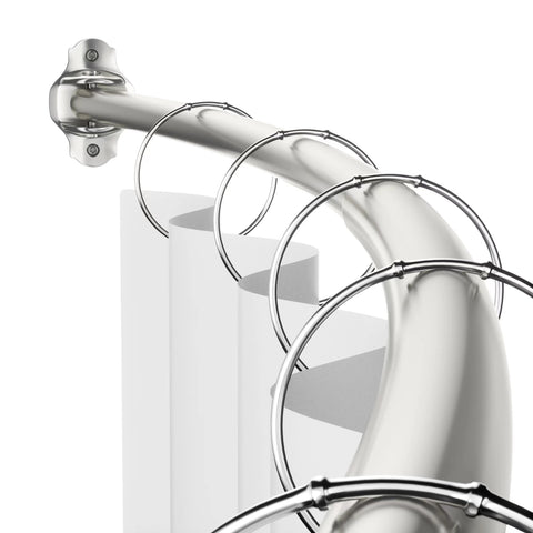 Mcrbeay curved shower rod shows elbow-space expansion for a roomier shower.