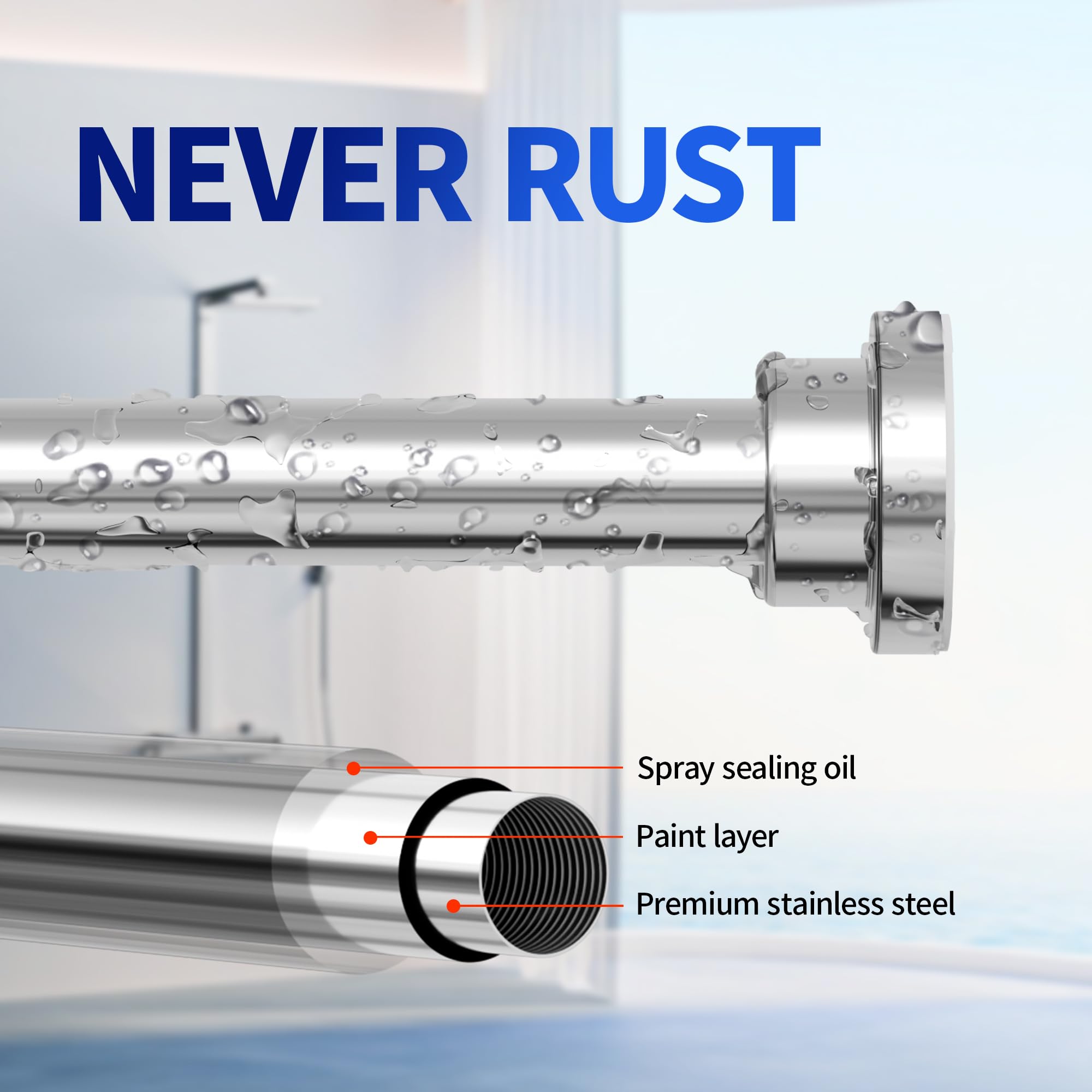 Mcrbeay adjustable tension rod showing length customization from 28 to 74 inches.