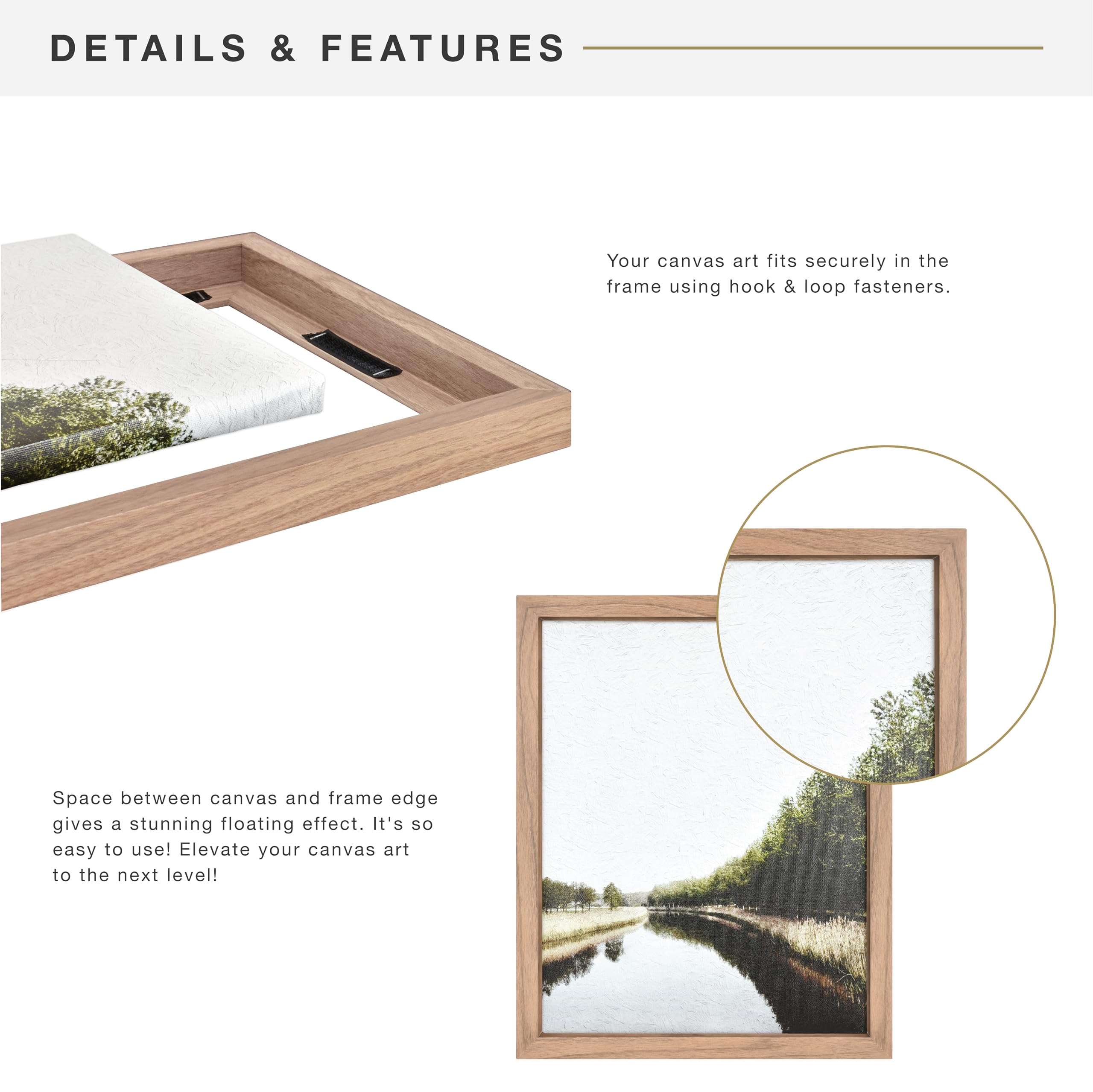 MCS Canvas Float Frame gallery wall setup with walnut finish.