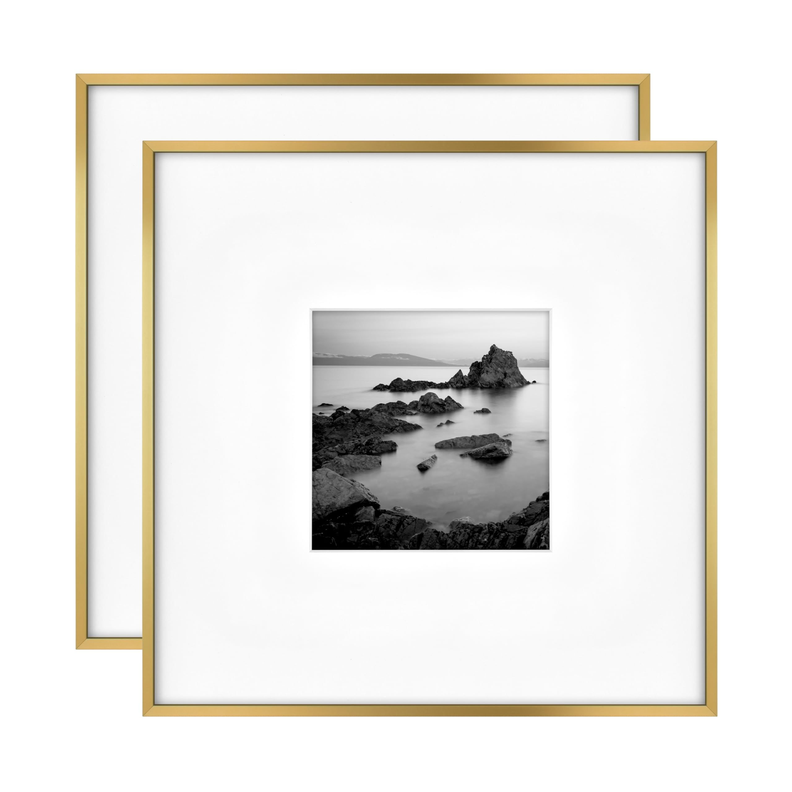 MCS Foundry 18x18 brass-brushed frame with mat showcasing an 8x8 photo display.