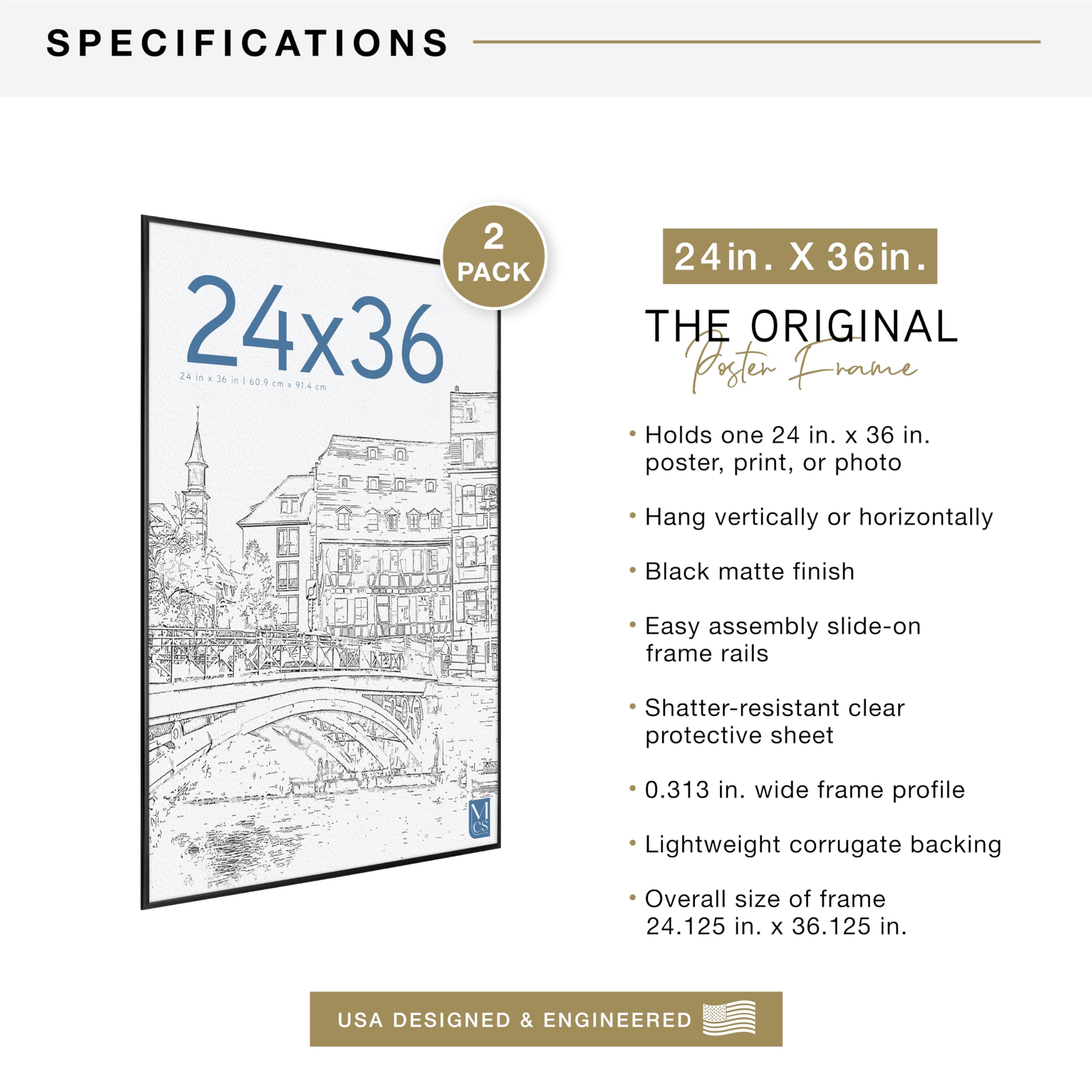 MCS Original Poster Frame 24x36 back corrugate provides lightweight support for prints.