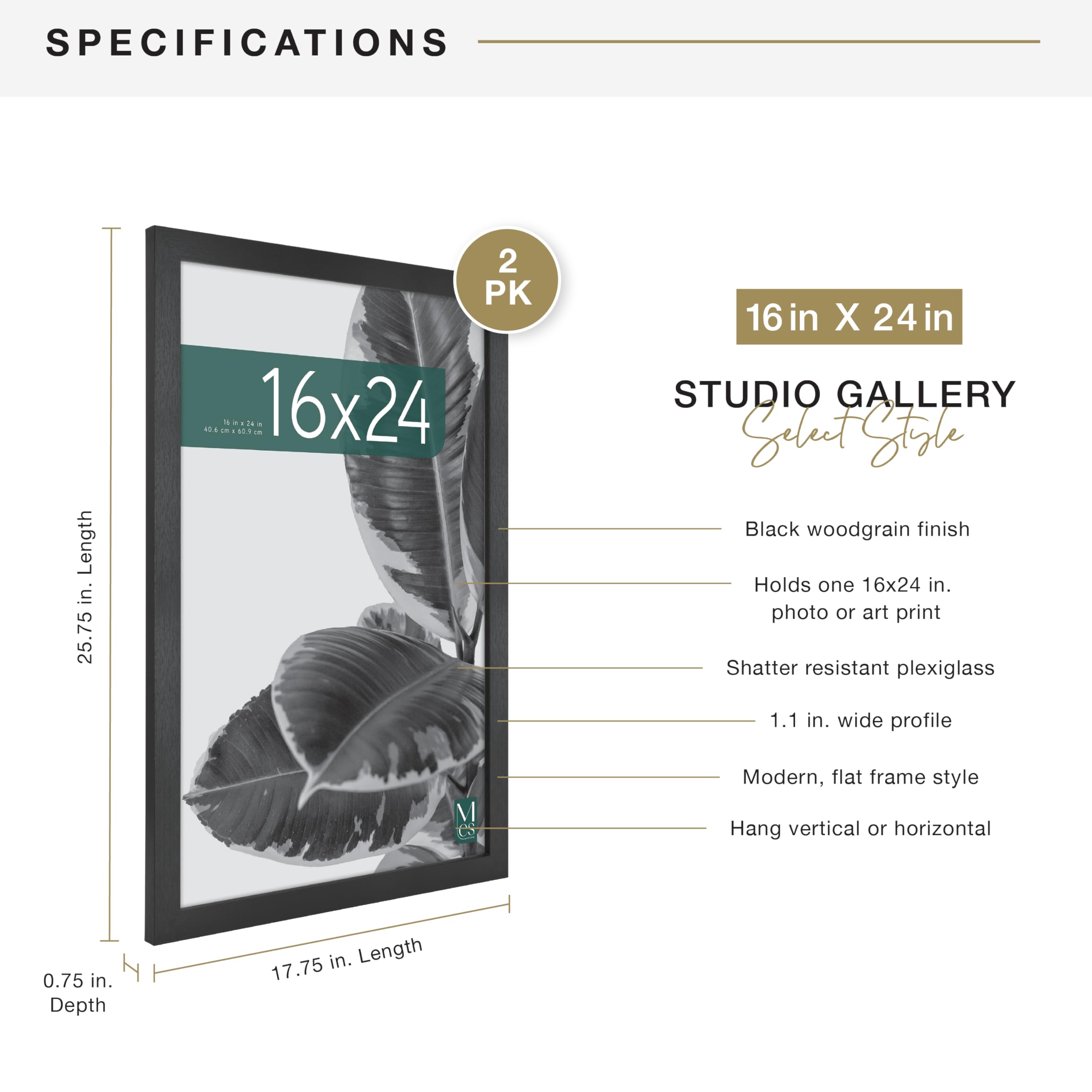 Pre-attached sawtooth hangers on MCS Studio Gallery frame support vertical or horizontal hanging.