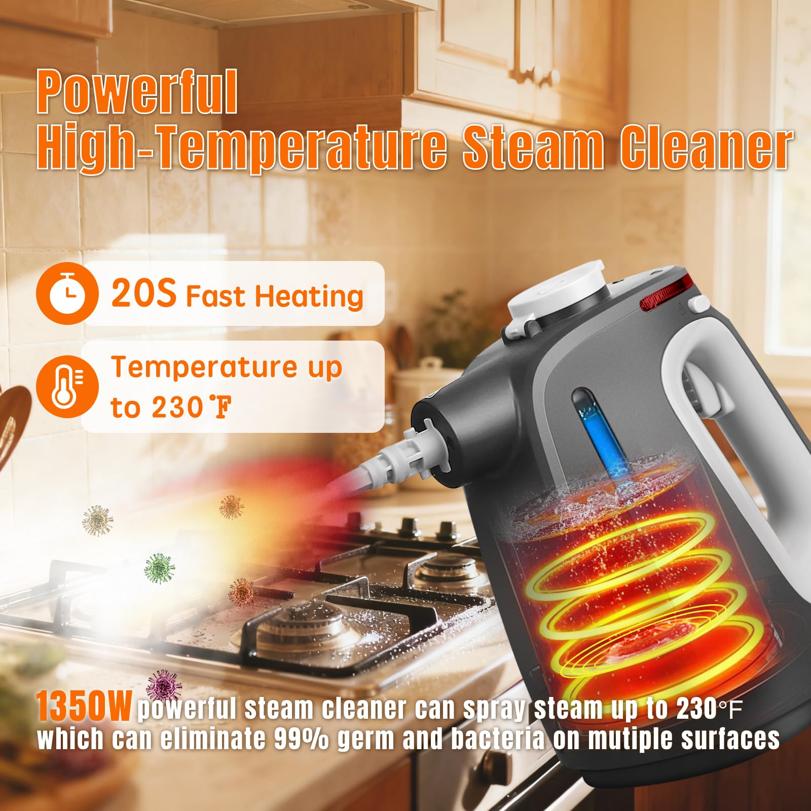 Mdeinu steam cleaner 20s heat emphasizes quick setup and efficient dirt dissolving power.