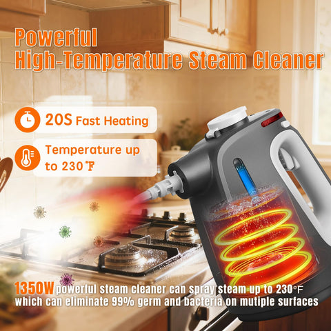 Mdeinu steam cleaner 20s heat emphasizes quick setup and efficient dirt dissolving power.
