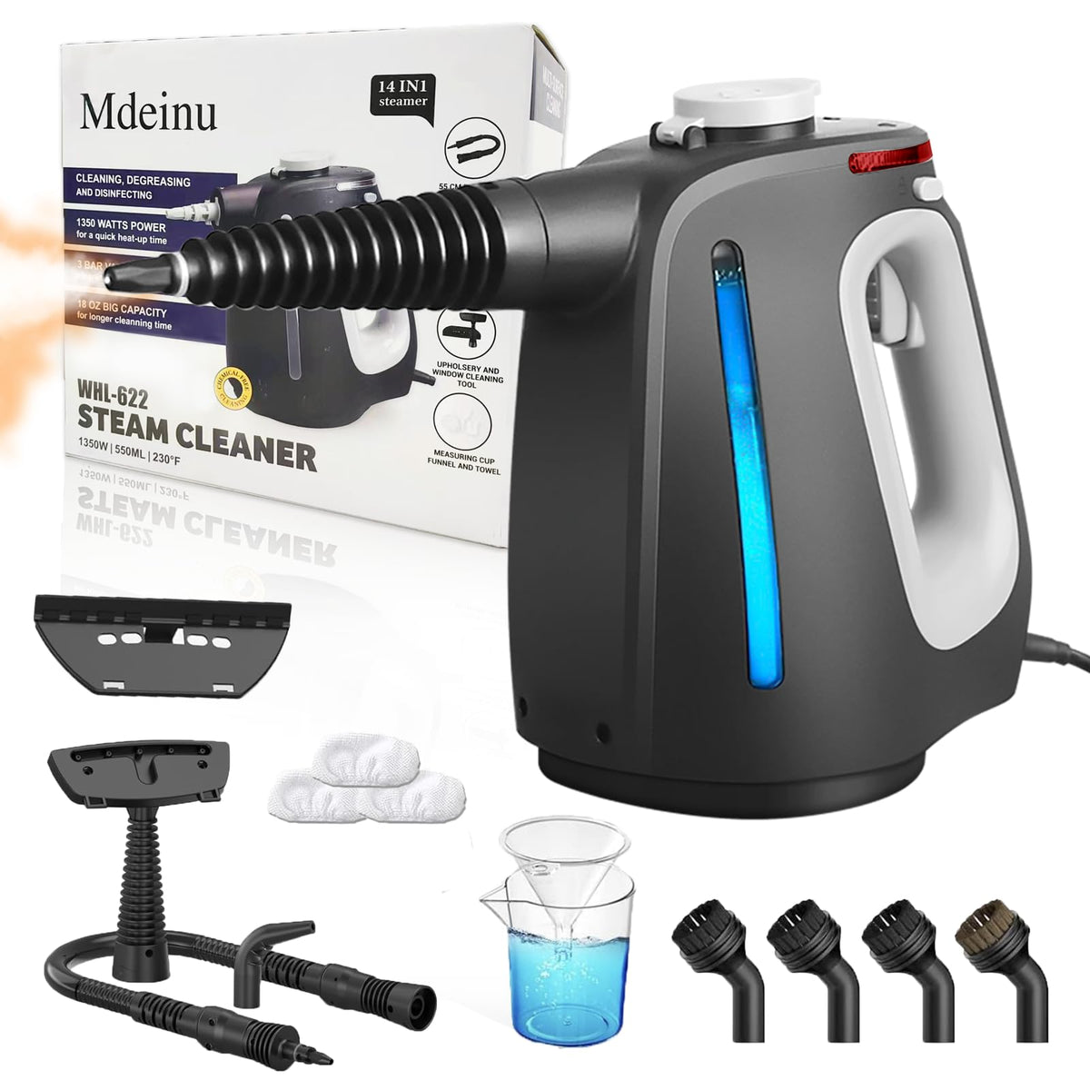 Mdeinu pressurized steam cleaner overview shows compact design for versatile home cleaning.