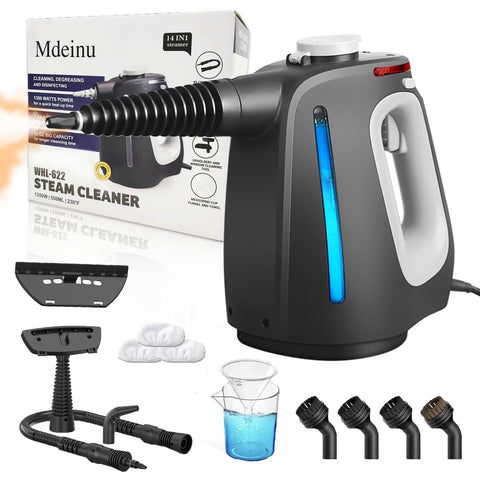Mdeinu pressurized steam cleaner overview shows compact design for versatile home cleaning.