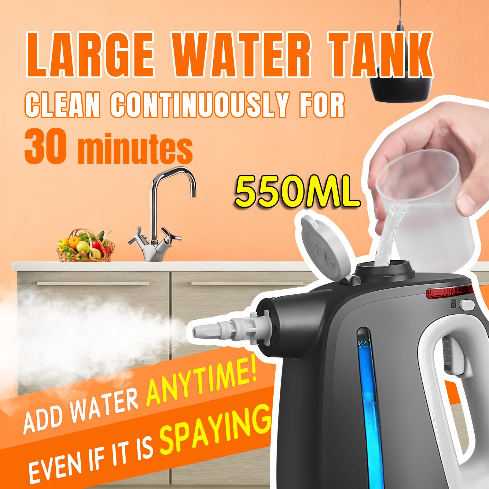 Mdeinu 550ml tank highlight easy water refills during extended cleaning sessions.