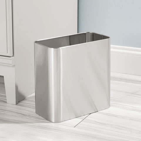 mdesign Mirri trash can with brushed chrome, lid open for easy waste disposal