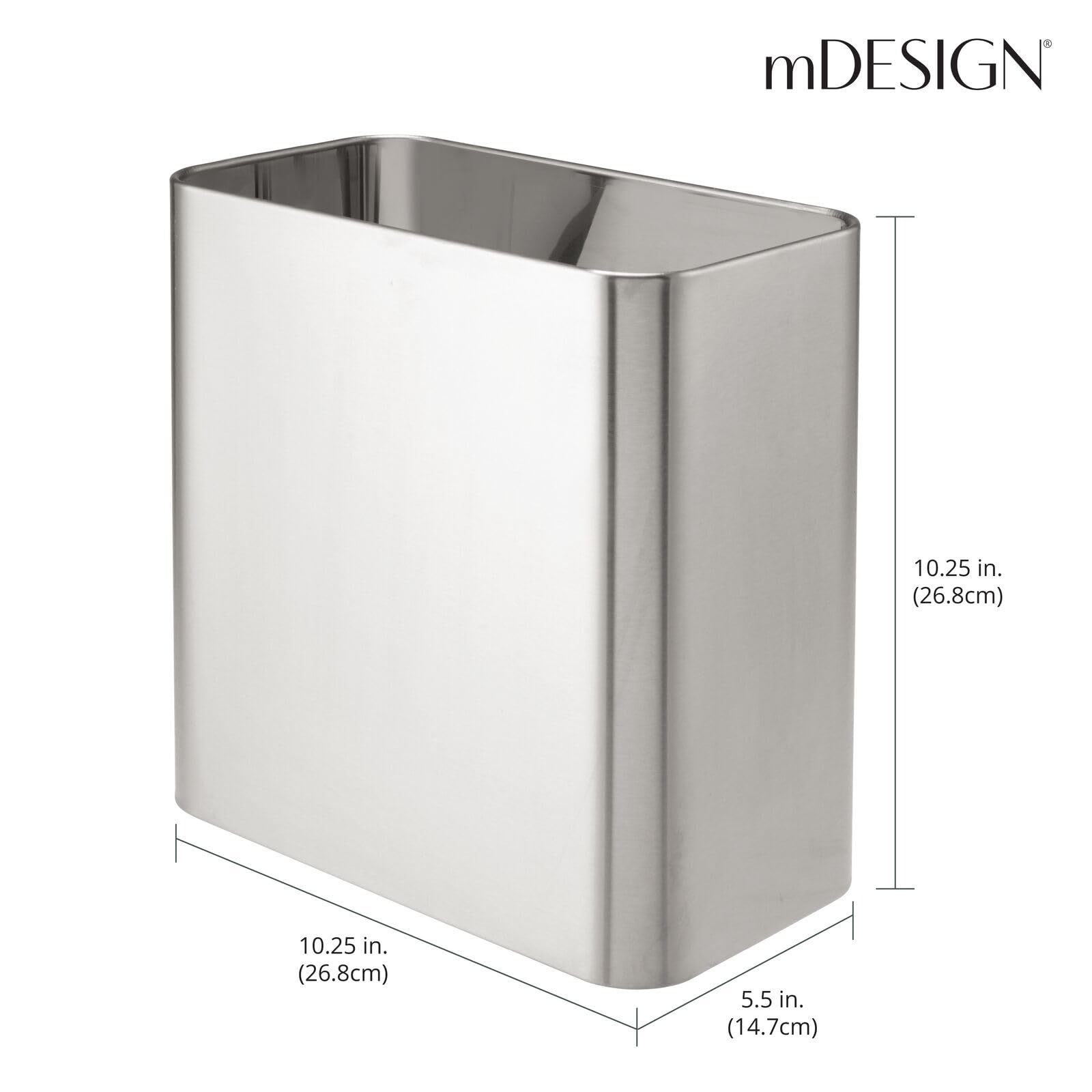 mdesign slim bathroom trash can fits tight corners, space saving design