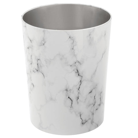 mDesign Mirri round metal trash can 1.7 gallon with white marble finish for compact spaces.