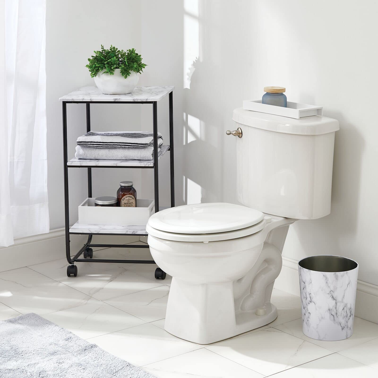 mDesign Mirri trash bin with white marble finish ideal for bathrooms and kitchens.