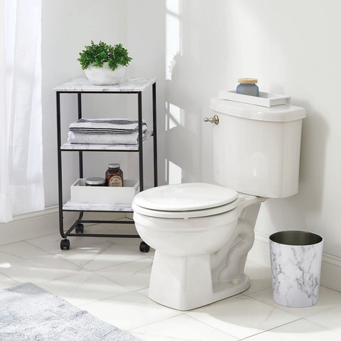 mDesign Mirri trash bin with white marble finish ideal for bathrooms and kitchens.