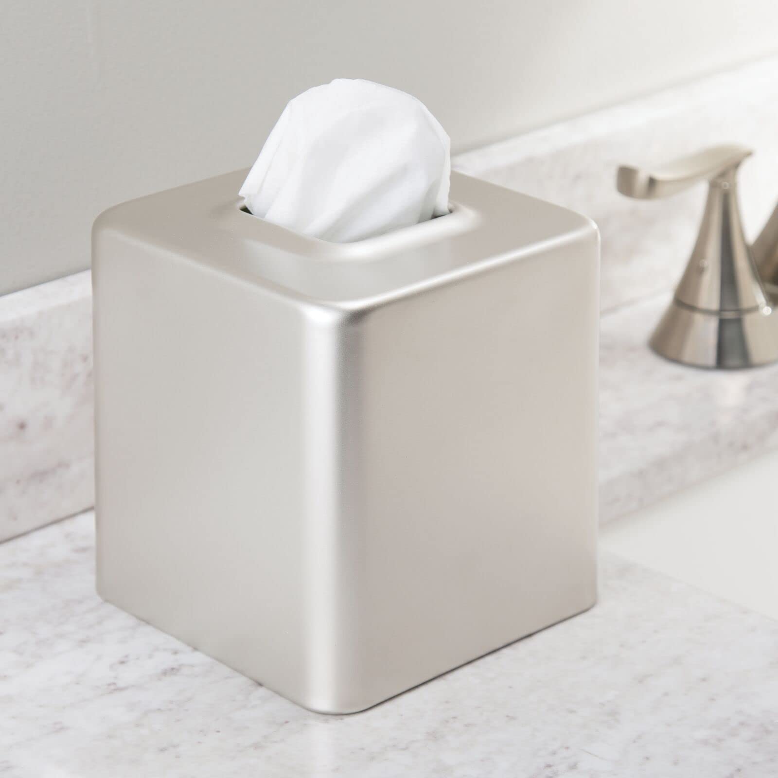 mdesign Unity satin steel square tissue cover on nightstand elevating bedroom decor