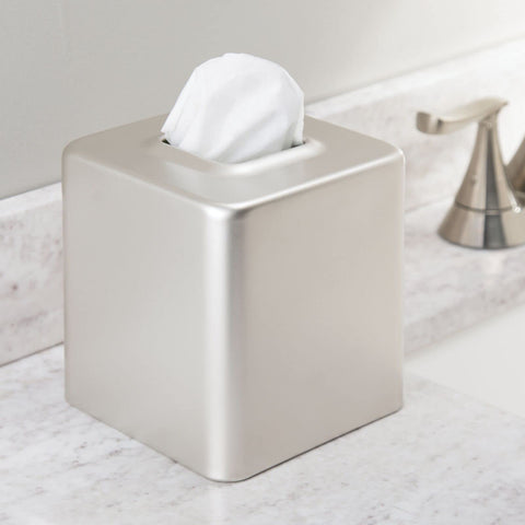 mdesign Unity satin steel square tissue cover on nightstand elevating bedroom decor