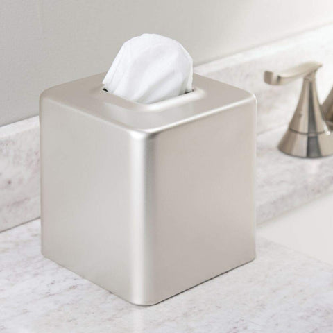 mdesign Unity satin steel square tissue cover side view complements a contemporary desk