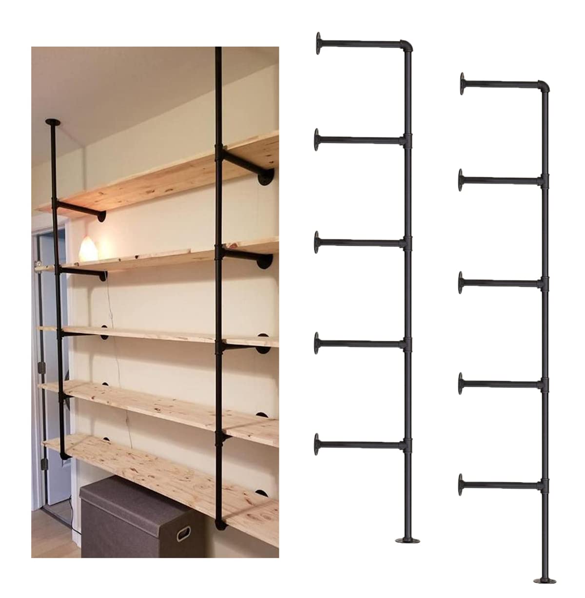 Mdjwjj industrial pipe shelf front view shows tall 68-inch five-tier storage for home or office