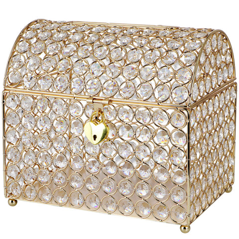 MDLUU treasure chest card box in gold, close-up showing sturdy metal finish, durable and elegant for event tables.