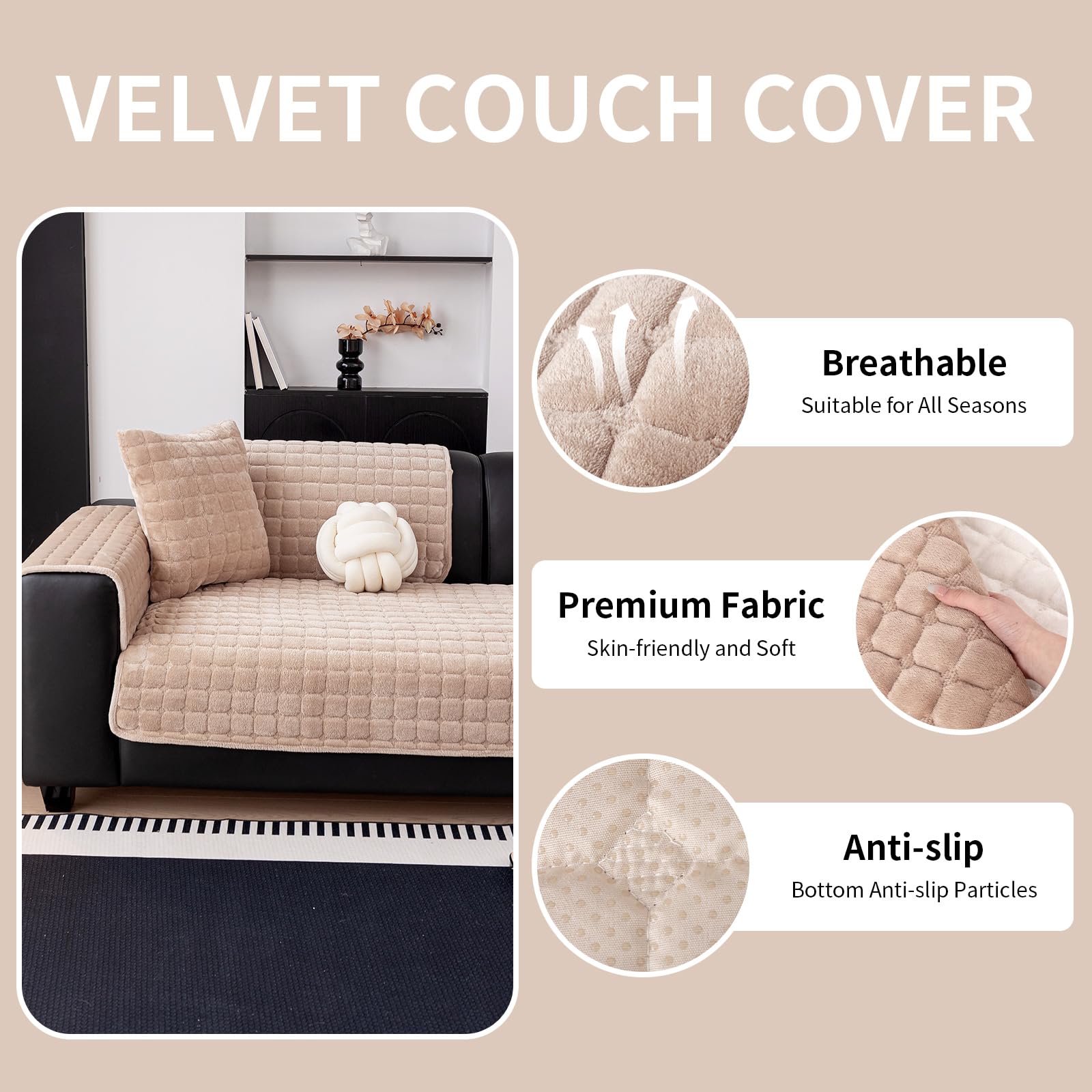 MDSASFD velvet couch cover back shows anti-slip silicone for stable placement.