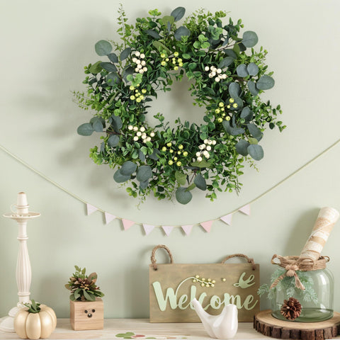 MDSTBN eucalyptus wreath displayed full on wall for versatile decor