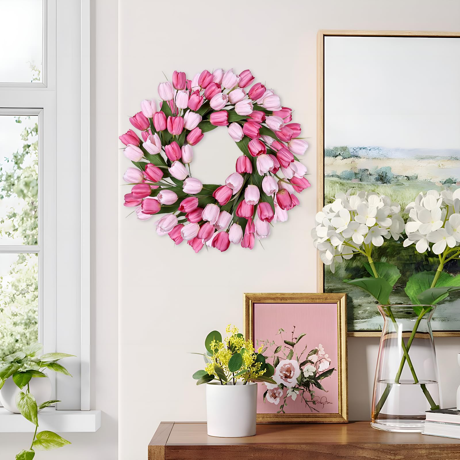 MDSTBN silk tulips and green leaves wreath adds year-round charm indoors.