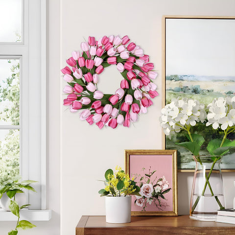 MDSTBN silk tulips and green leaves wreath adds year-round charm indoors.