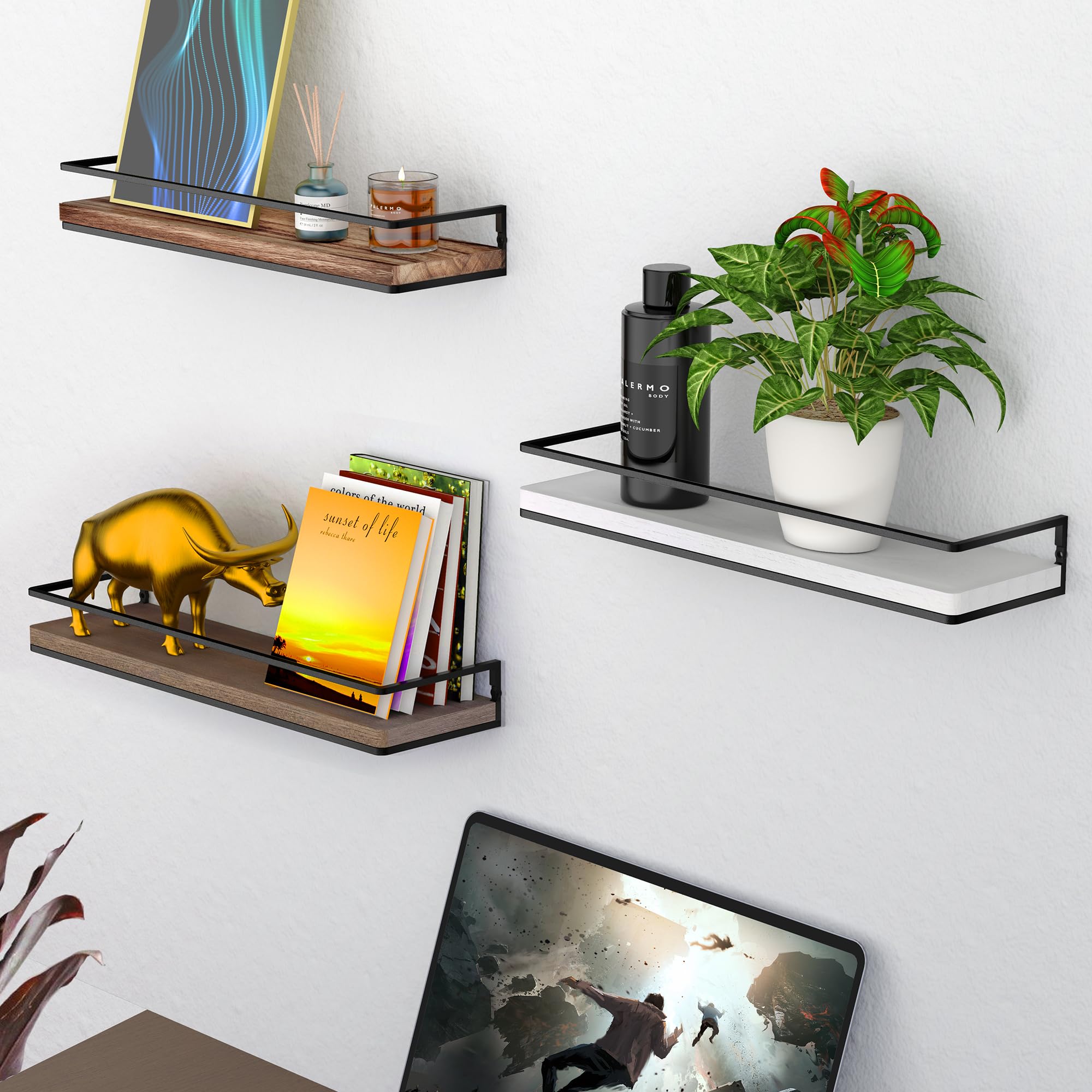 Meangood shelves with small plants and decorative accents for a cozy nook.