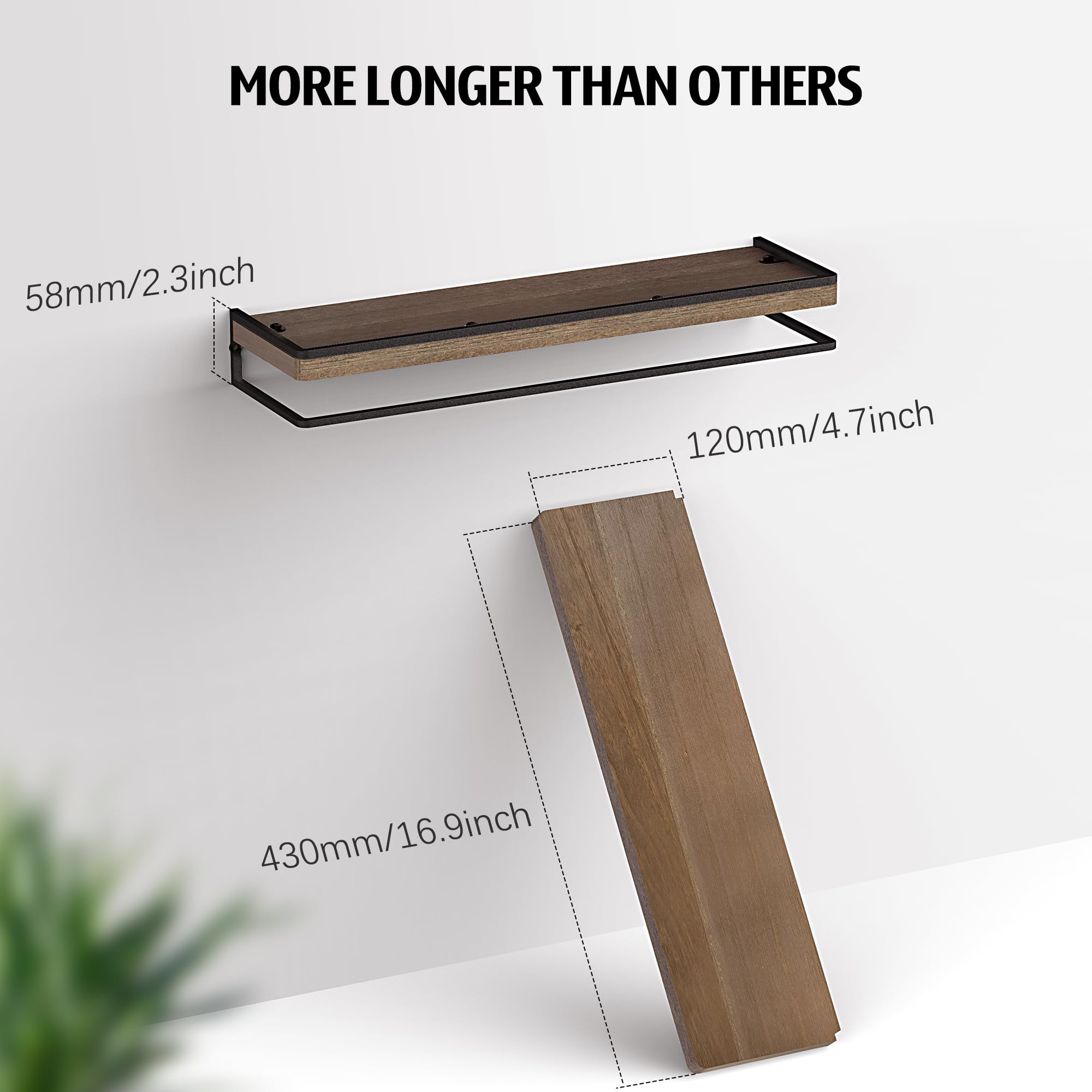 Meangood wall storage shelves feature a protective bar to prevent items from falling.
