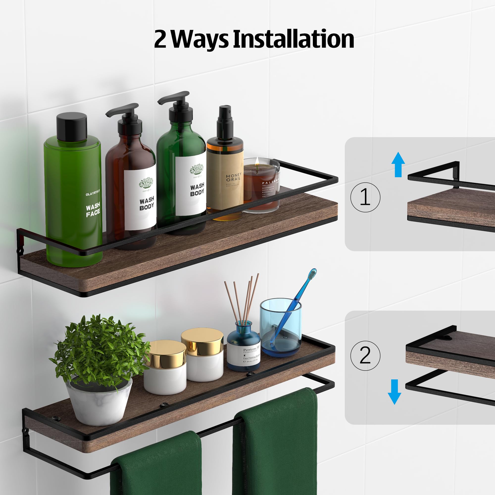 Meangood spice bottle display on kitchen shelves with organized containers.