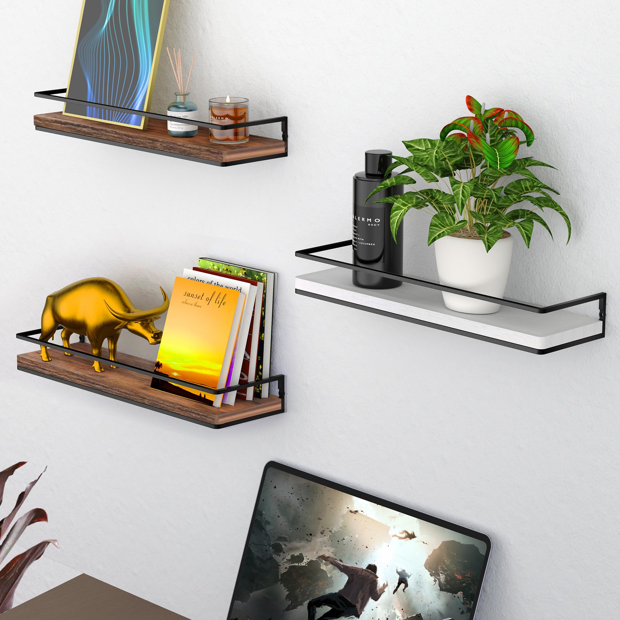 Meangood wall shelves in the bathroom hold skincare items neatly