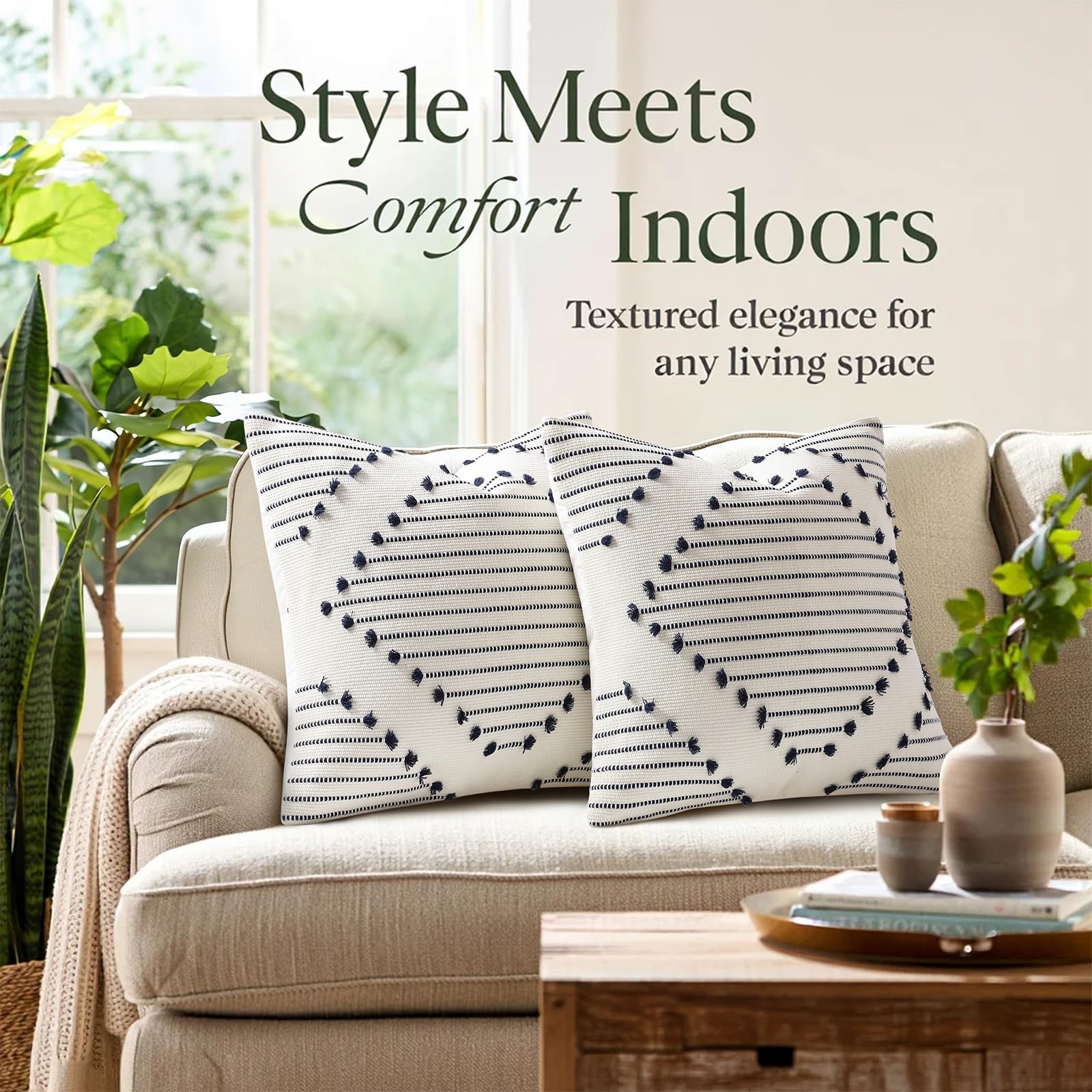 Mecatny pillow cover with tied tassels adds texture to outdoor seating