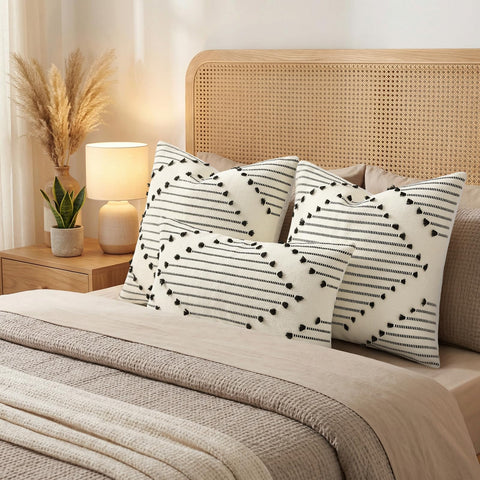 Mecatny farmhouse style living room setting with neutral beige and black decor.