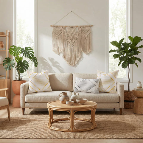 Mecatny woven tassels boost boho charm on outdoor seating.
