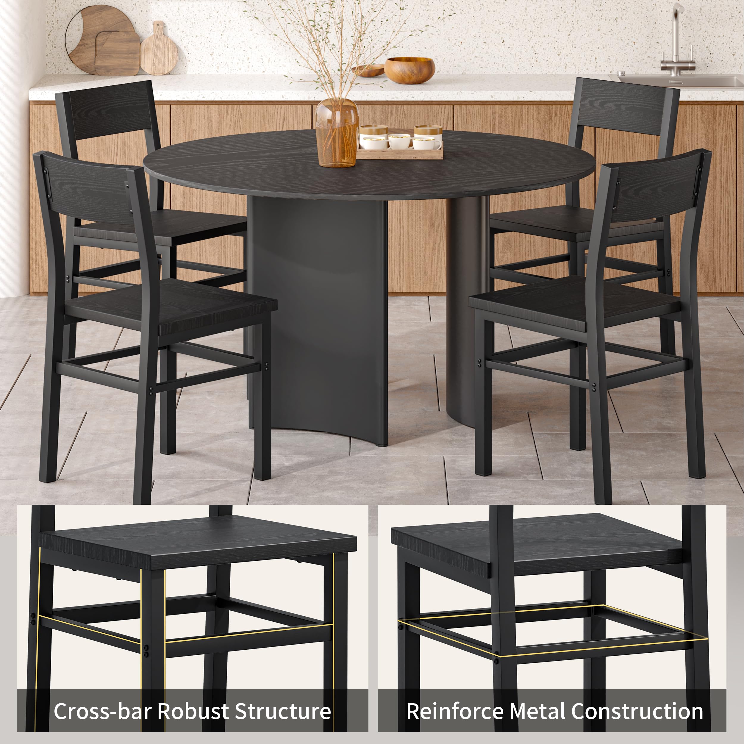 MECHYIN dining chair set 4, dark black back view highlighting slat back and joints