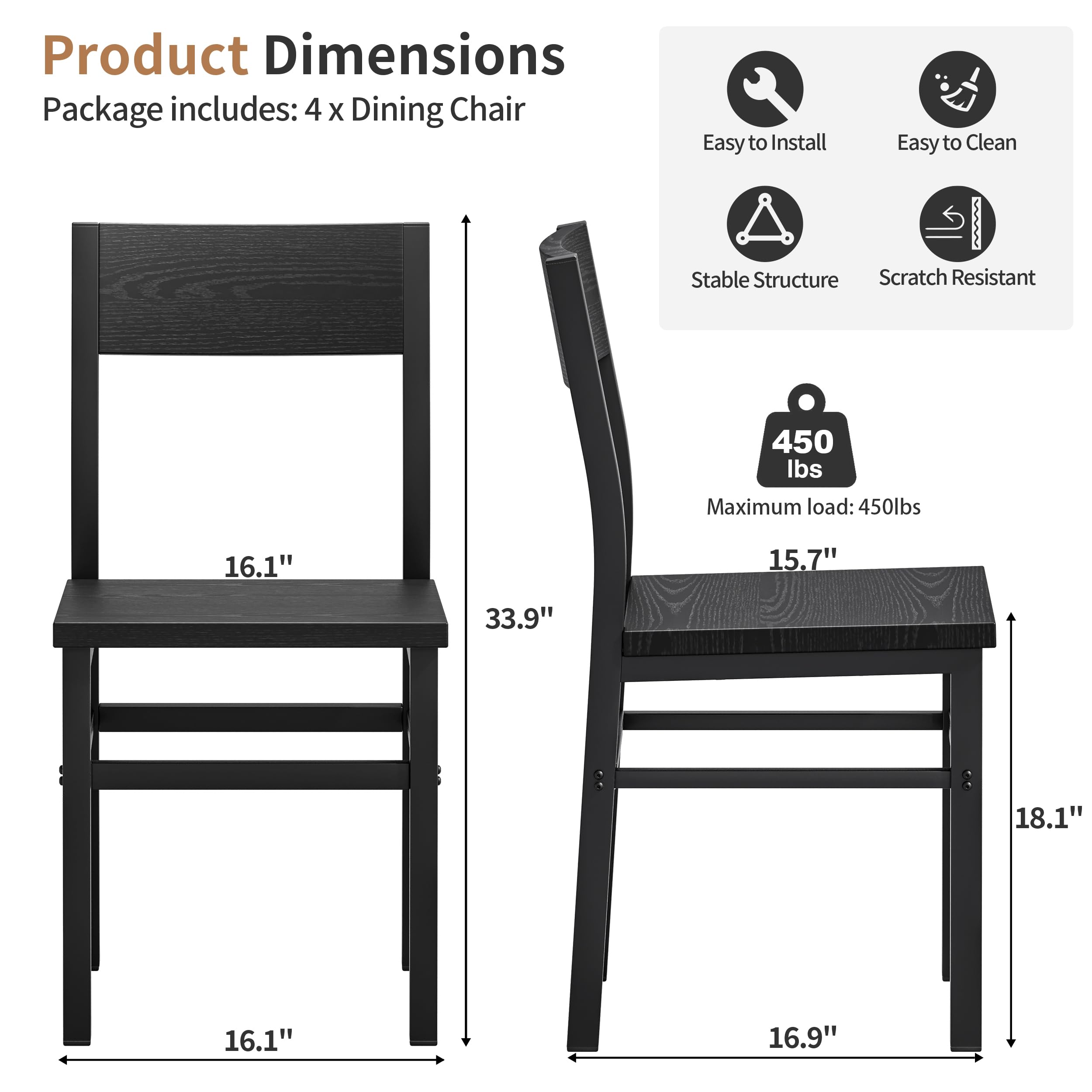 MECHYIN dining chair set 4, dark black side view showing wood seat and curved back