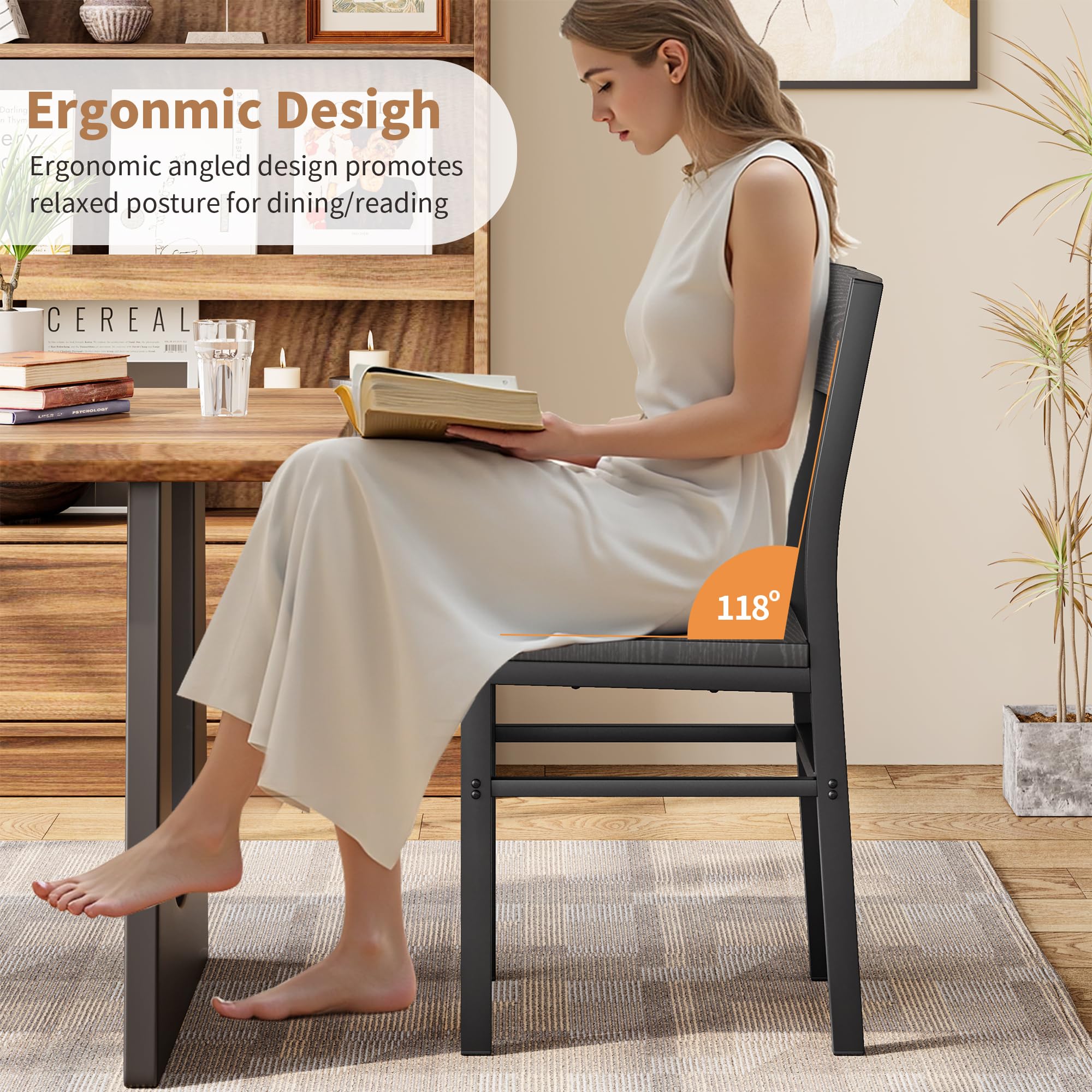 MECHYIN dining chair set 4, wood seat close-up with rounded corners