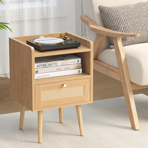 MECHYIN nightstand blends boho style with mid-century legs for versatile decor.