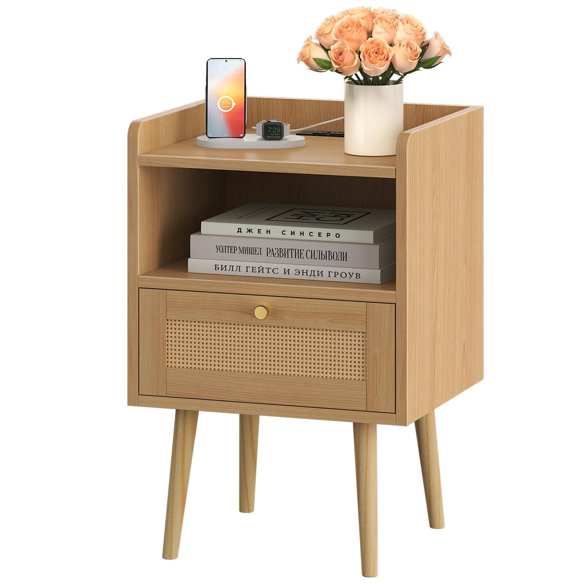 MECHYIN nightstand with charging station and rattan drawer, ideal for bedside charging.