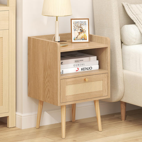 MECHYIN nightstand open storage shelf keeps remotes and magazines organized.