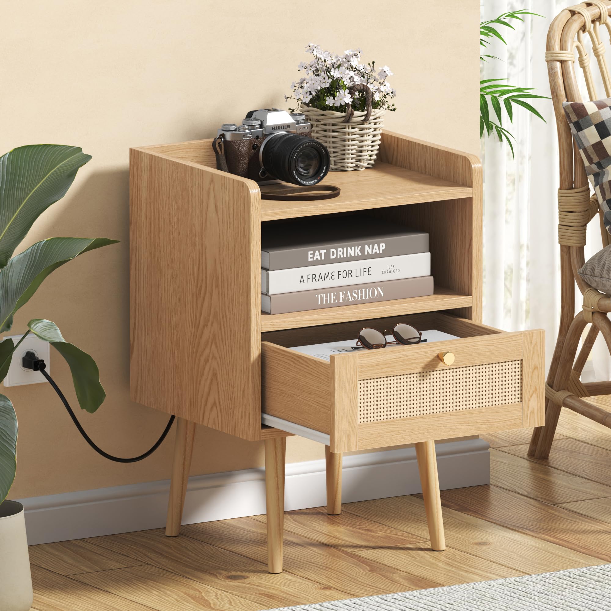 MECHYIN nightstand solid wood feet provide stable support and natural appeal.