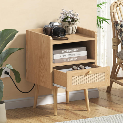 MECHYIN nightstand solid wood feet provide stable support and natural appeal.