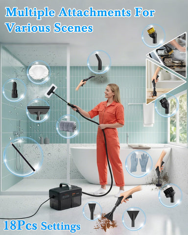Mecmic steam cleaner attachments image featuring 18 included tools