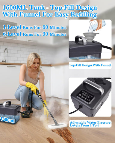 Mecmic steam cleaner ergonomic handle image shows comfortable, non-slip grip