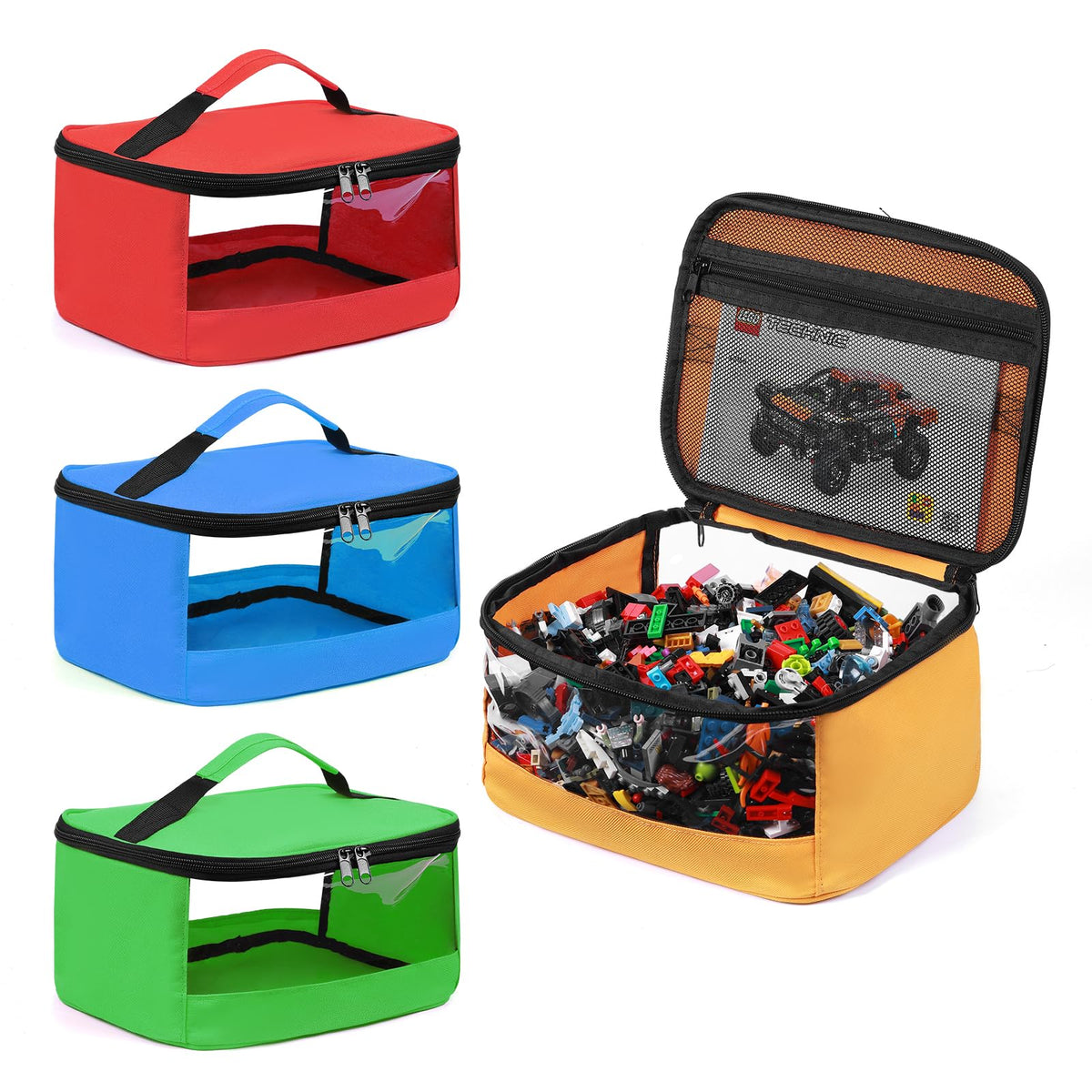 Mecozone 4-piece bag set in orange red blue green for color sorting.